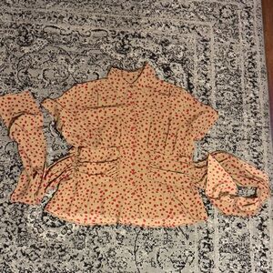 Silk button down blouse with wrap detail - Red and Tan spotted print.